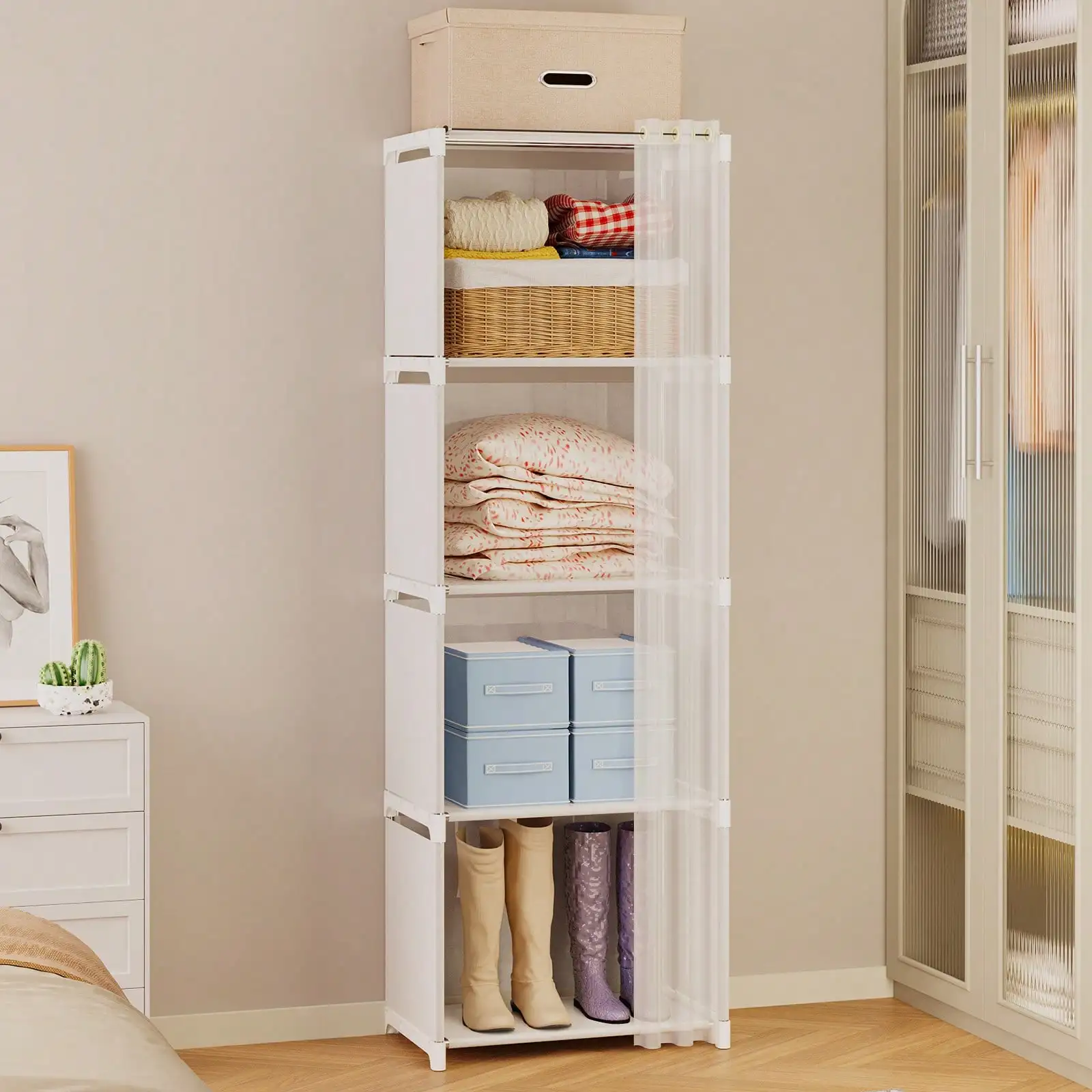 1pc 4tier Portable Wardrobe Closet, White/Black Easy Assembly Cloth Storage Cabinet For Home, Rental House, Dorm Bedroom