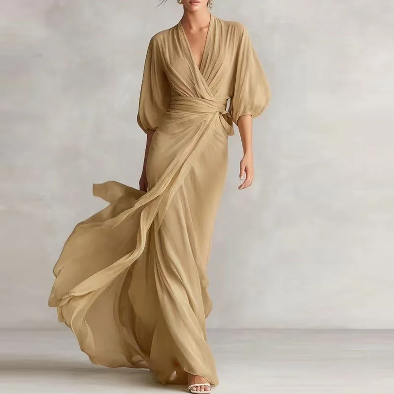 Lente Puff Half Sleeve Avondjurk Dames Elegant Diep V-hals Omgeslagen Taille Strik Flowy Maxi Jurk Zomer Vakantie Strand Lange Jurk
