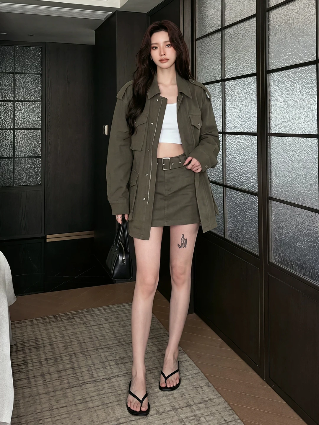 Retro American Workwear Jacket Set Women's Loose Outerwear Short Skirt Two-Piece Suit Casual Style Mid-Length Sleeve Zipper