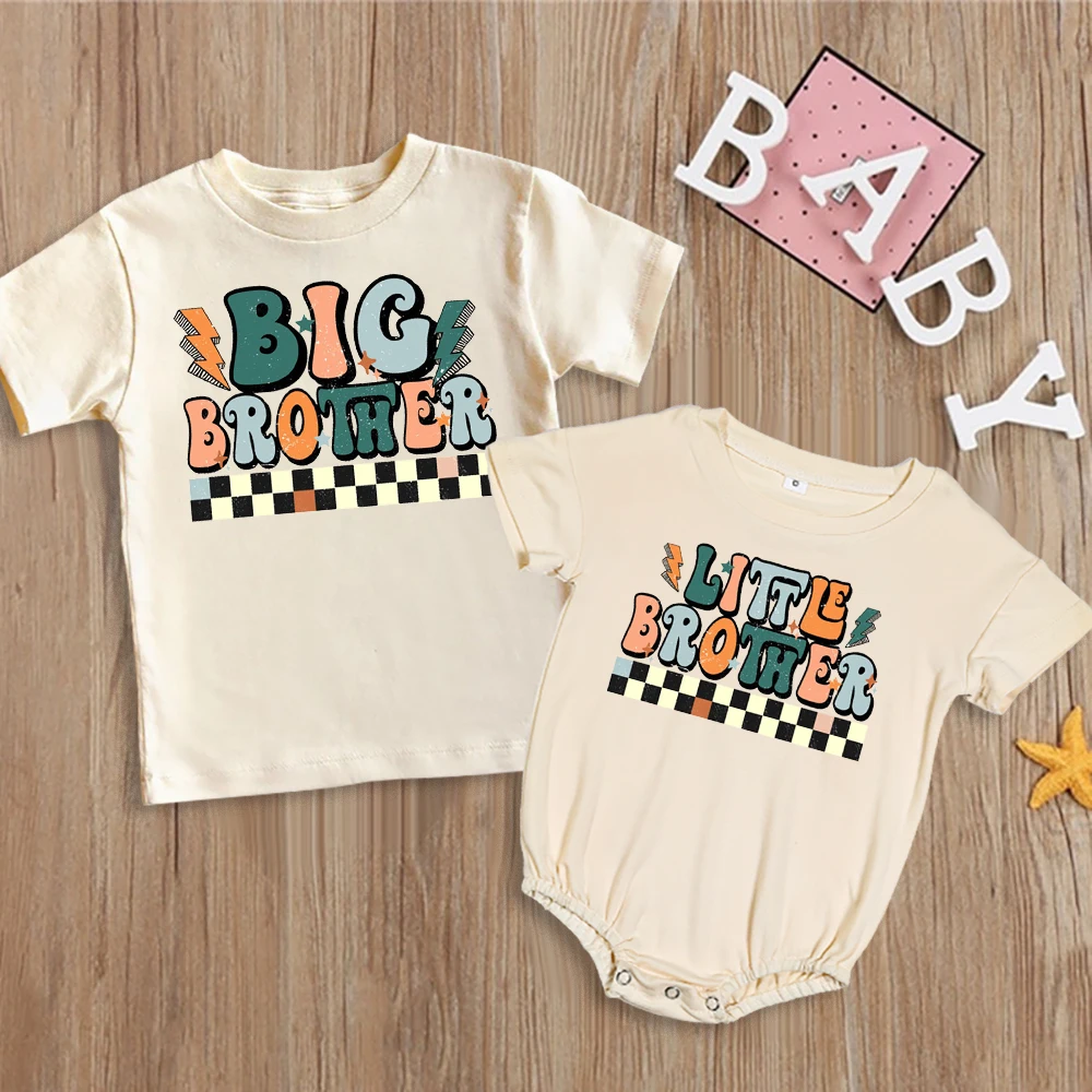 Big Brother Little Brother Print Family Matching Shirt Sibling Tops Outfit Retro Brother Sister T-shirt Baby Large Bubble Romper