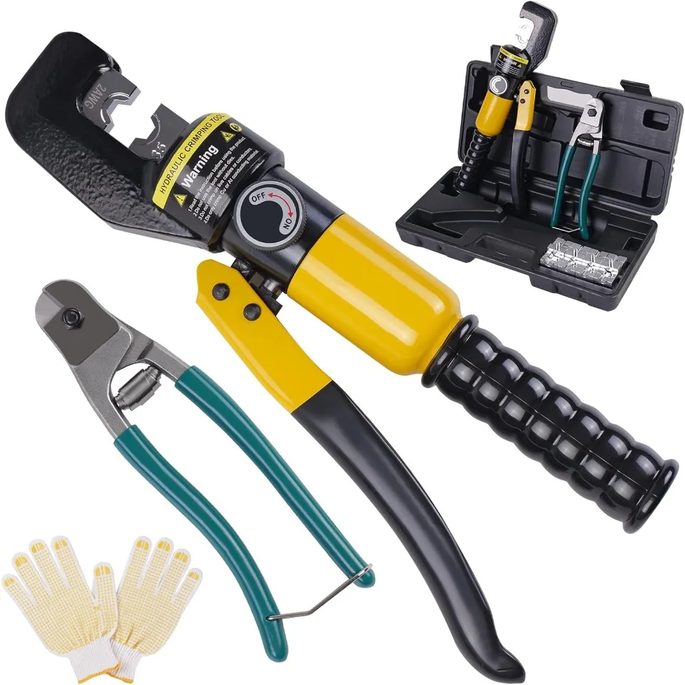 10 Ton Hydraulic Crimping Tool & Cable Cutter, Hydraulic Wire Cable Lug Terminal Crimper w/11 Dies & 1/8 Cable Railing Battery