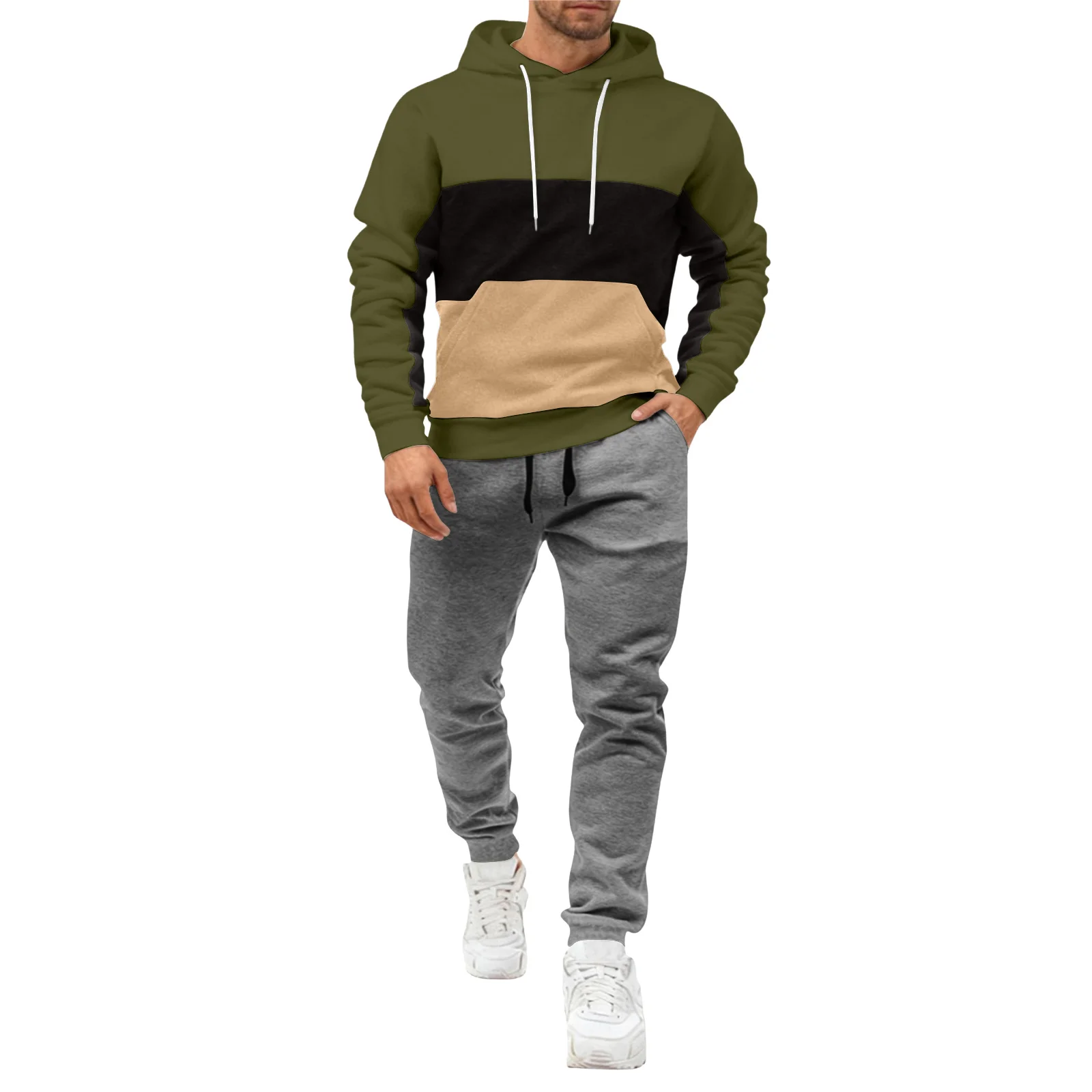 

Men'S Autumn And Winter Hooded Sports Suit Dark Gray Pants Patchwork Hooded Sweatshirt Winter Outdoor Casual Pullover