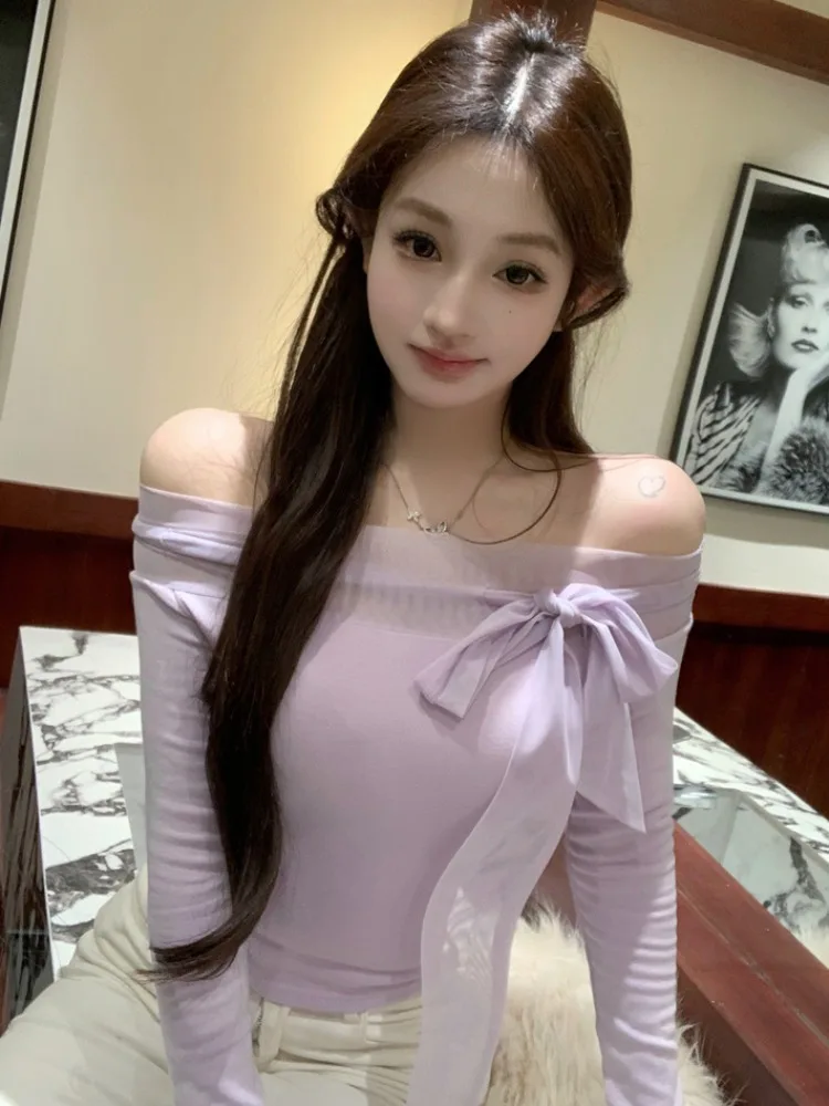 

Korean Style Long Sleeve Knitted Mesh Belted One Shoulder Base Shirt Sexy Pure Desire Spring Autumn Season Women's Fashion