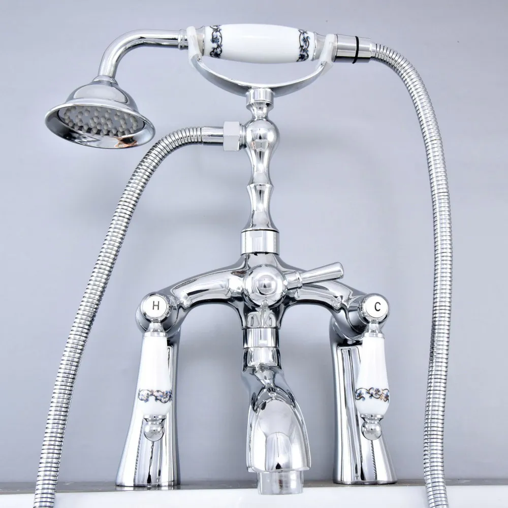 

Polished Chrome Deck Mounted Bathroom Tub Faucet Dual Handles Telephone Style Hand Shower Clawfoot Tub Filler atf762