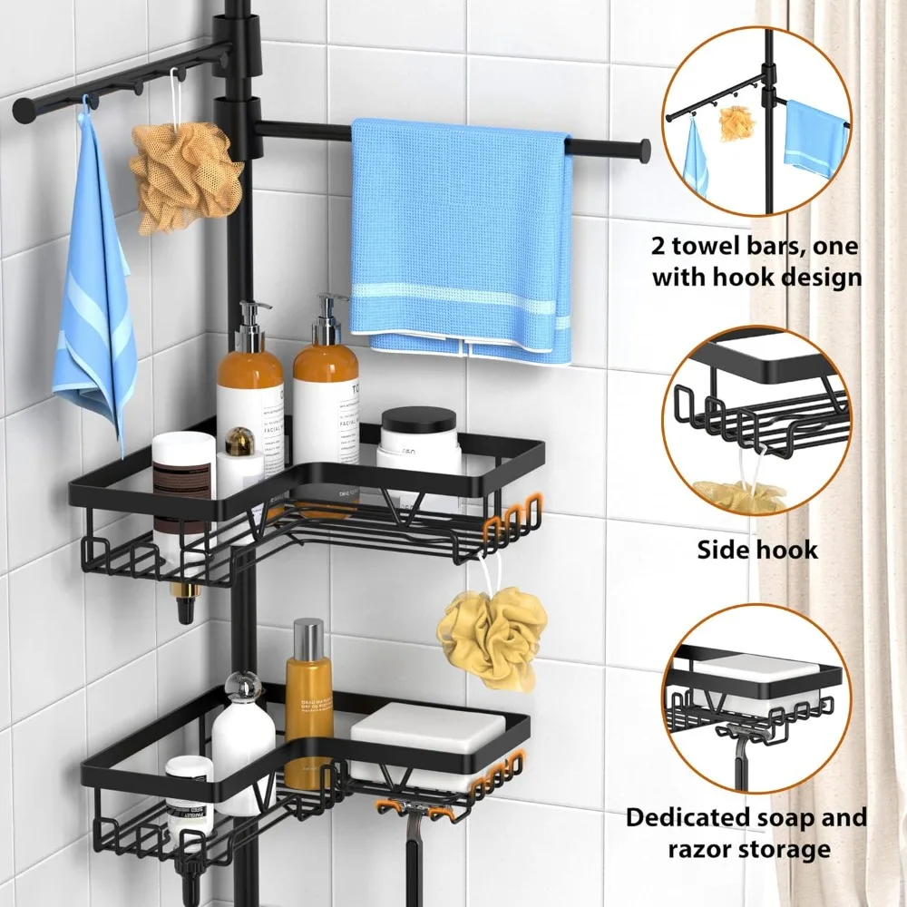 

Adjustable Shower Caddy Tension Pole with 2 Towel Bars, Rustproof Bathroom Organizer for Renters & Family