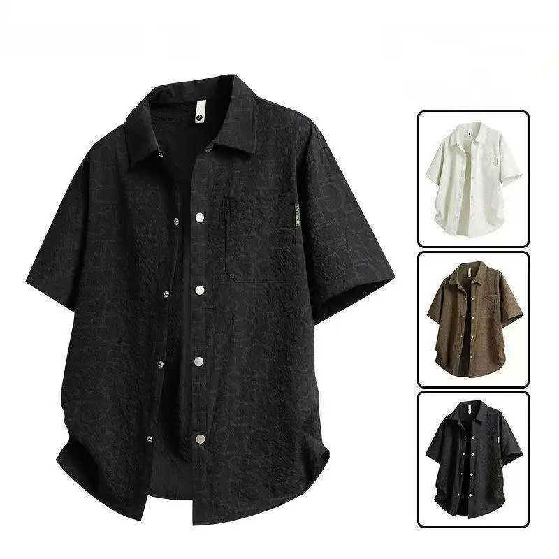Camisa de Verano para Hombre, de Seda Helada, Delgada, de Manga Corta, con Diseño de Burbujas y Estampado, Talla Grande, Cuello Mao, Transpirable, Prenda Exterior Informal
