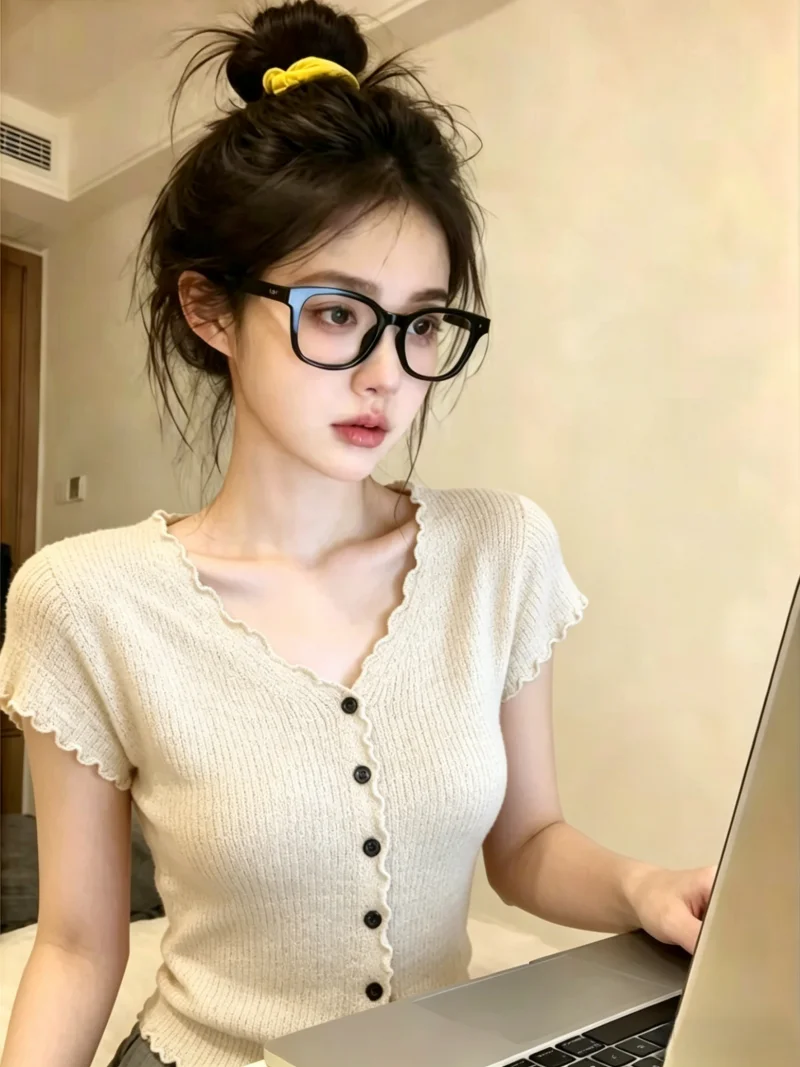

Summer New Design Women's Knitwear Single Button Wood Grain Fly Sleeve Self-Preserving Style Commute Korean Version Slim...