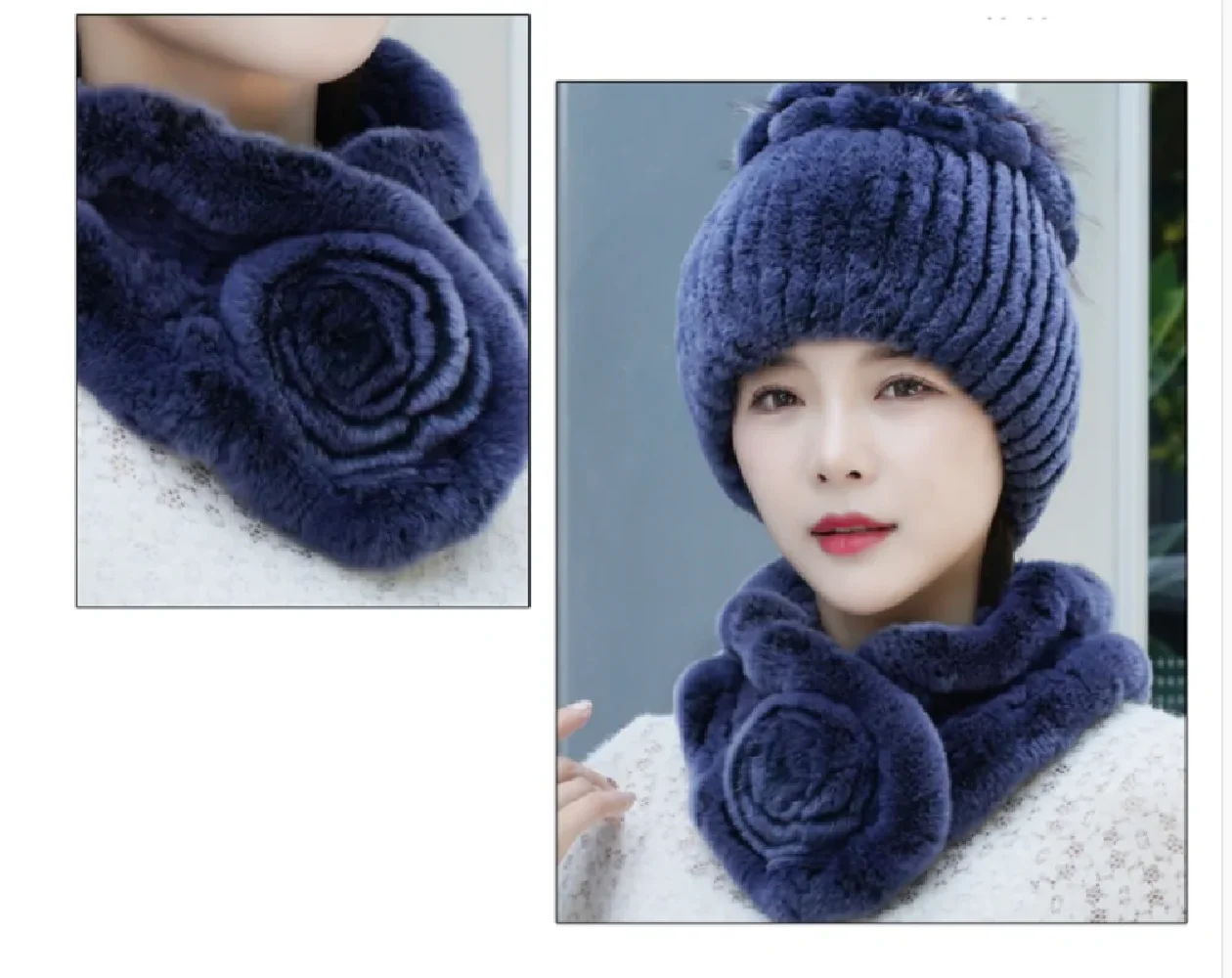 Real Rex Rabbit Fur Hat Scarf Sets Women Winter Warm Headwear Beanie Cap Neckerchief Coffee Blue Red