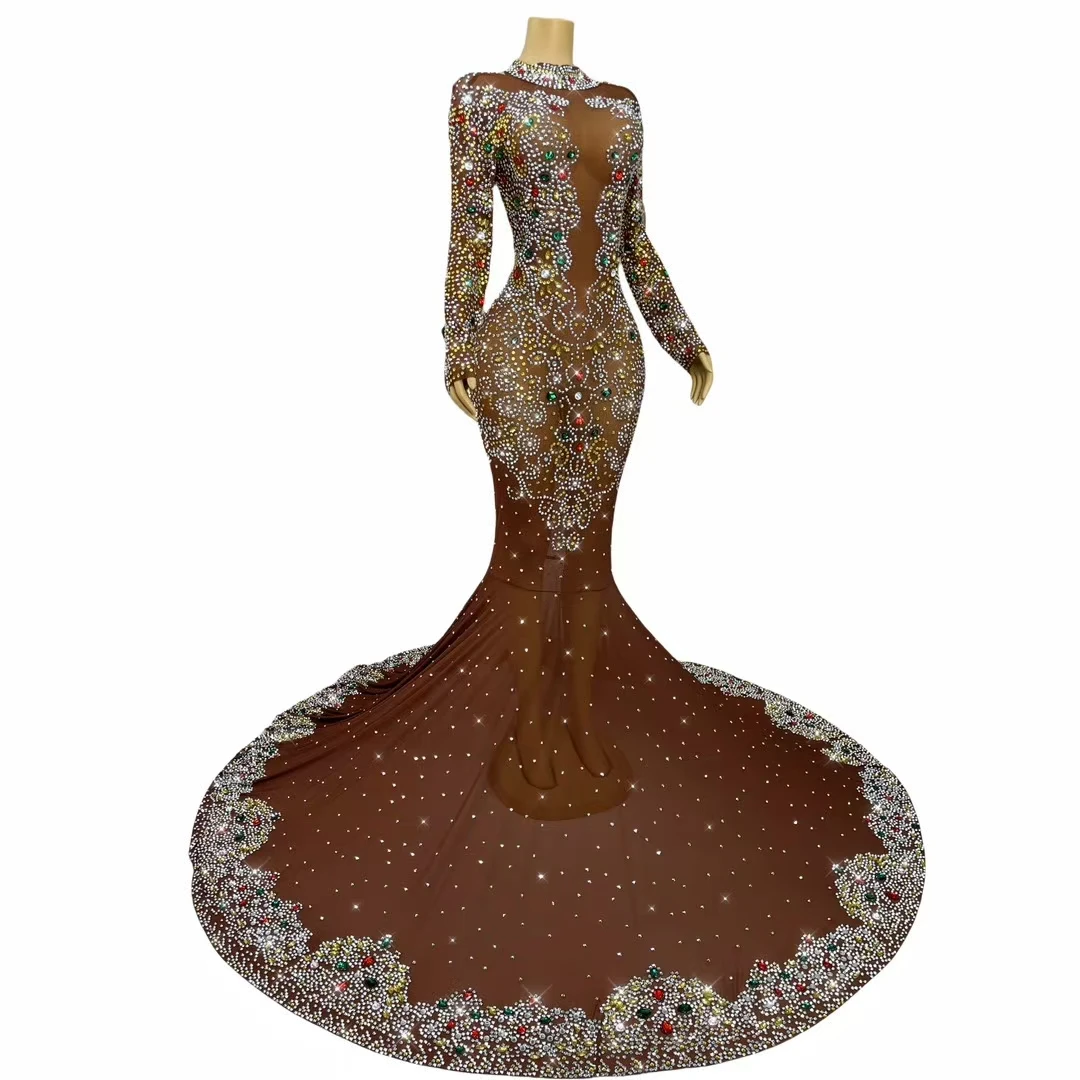 

Jinzi Luxury Celebrity Dress Sparkly Crystals Floor-length Dress Birthday Celebrate Party Photo Shoot Wear Brown Sheer Mesh Gown