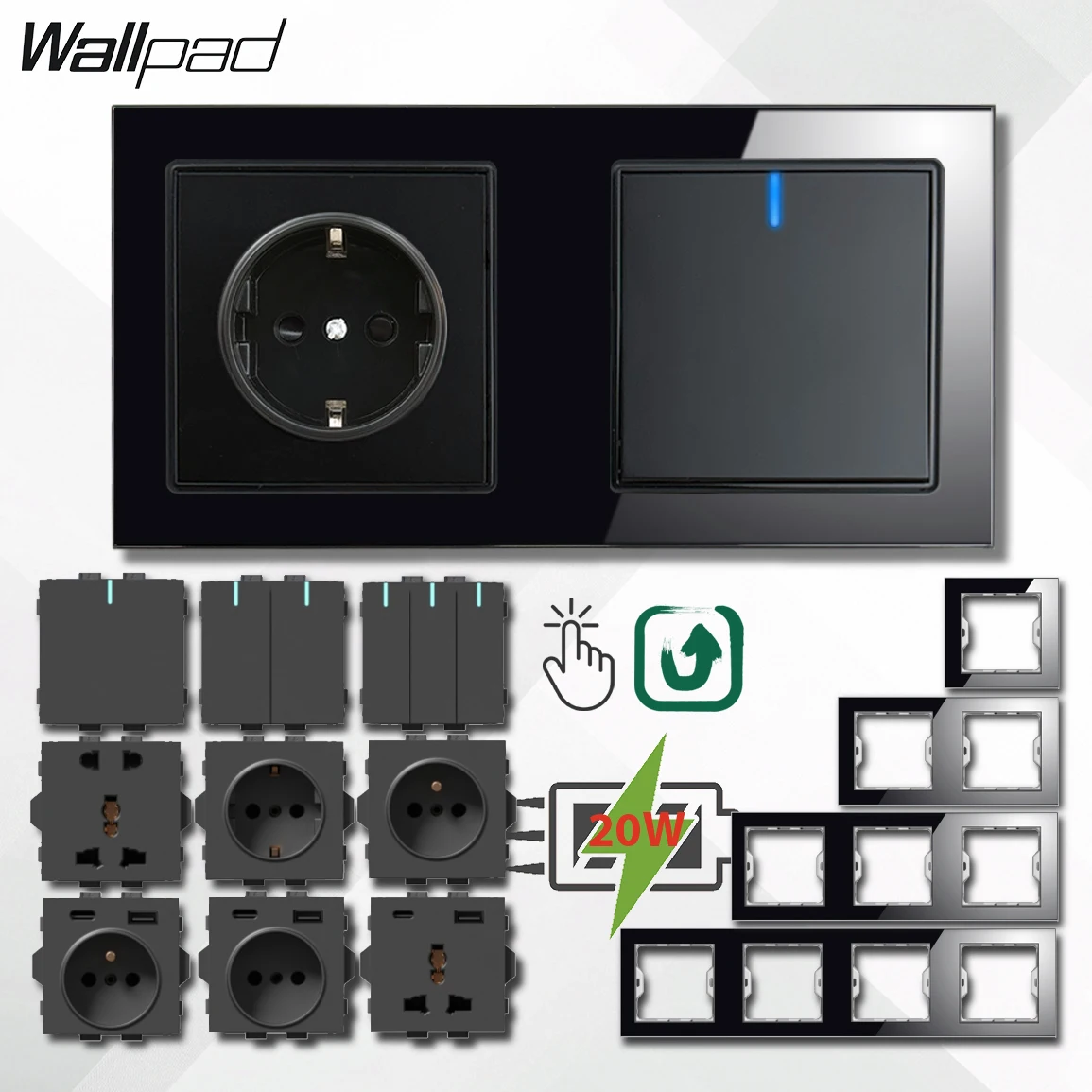 

Black Wall Switch Rebound Tact Button 1/2/3 Gang EU Power Socket with 20W USB Charger Type C Ports IP44 Waterproof Glass Panel