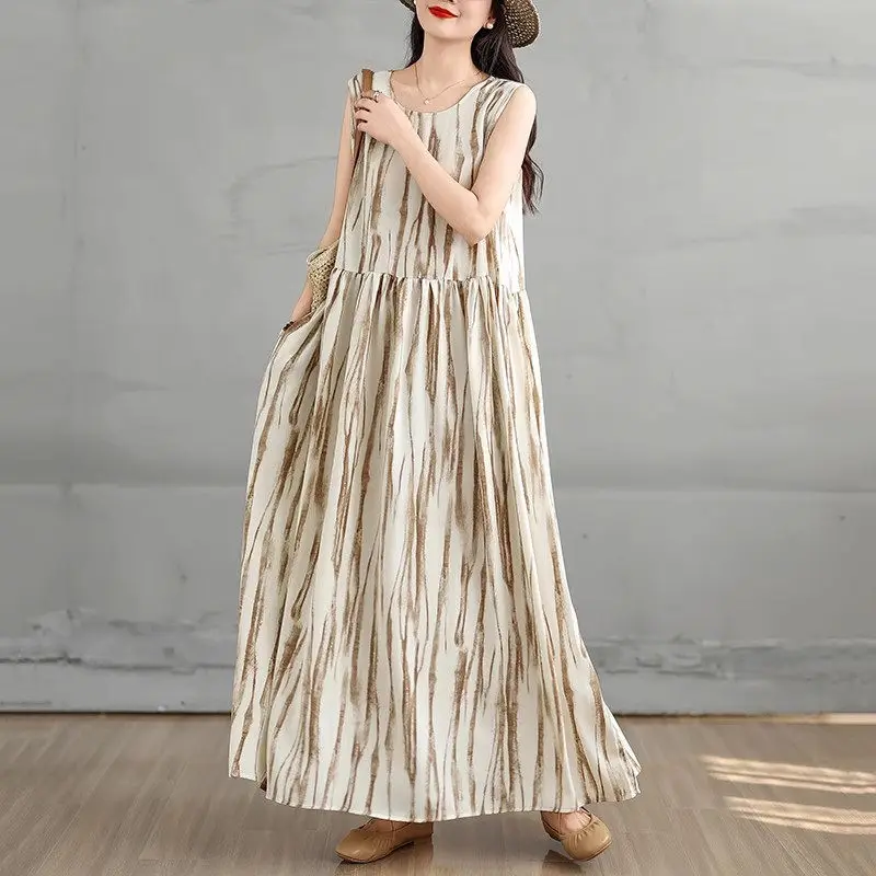 Retro Tie Dye Dress Loose Vest Dress Women's 2025 Summer Fashion Stylish Slimming Long Dress G1113