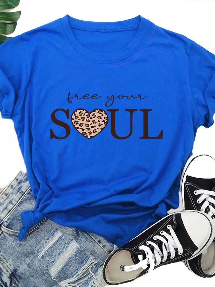 Free Your Soul Leopard Heart Print Women T Shirt Short Sleeve O Neck Loose Women Tshirt Ladies Tee Shirt Tops Camisetas Mujer