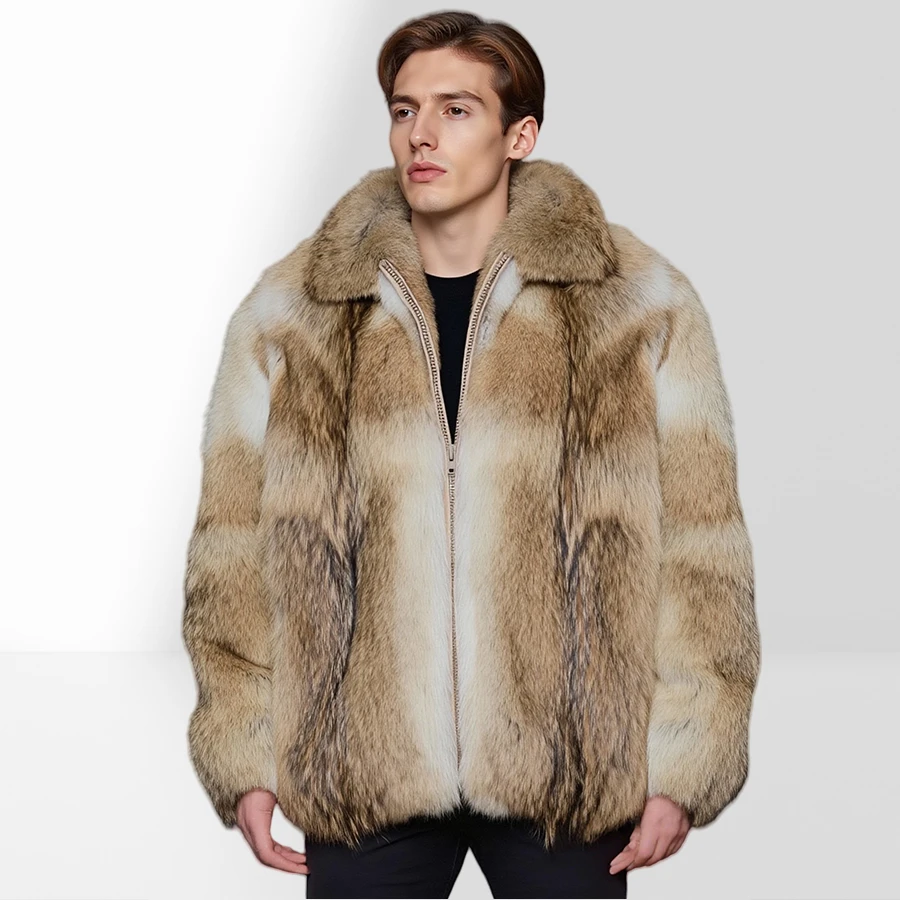 Real Coyote Fur Zippered Jacket Genuine Coyote Fur Jacket With Turndown Collar Bolero Jacket Fashion Natural Fur Jacket Men