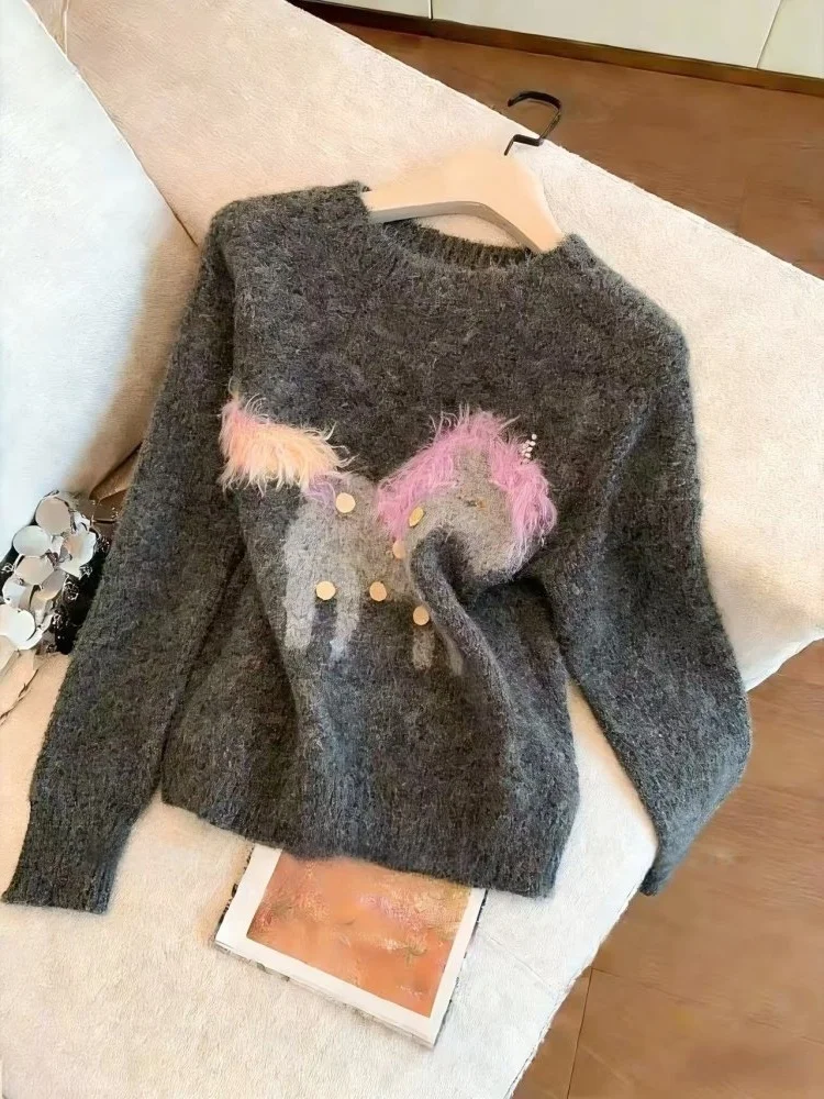 

Spring 2026 Heavy Embellied Long Sve Knitted Sweater Women's Overhead ey Sweatirt Lazy Loose Feeling Top Women