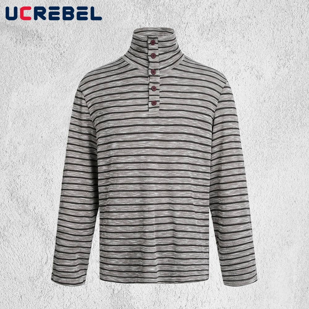 Striped Stand Collar T-shirt Mens Button Decoration Spring Retro High Street Split-Hem Loose Knitted Long Sleeve Tshirt Man Tee