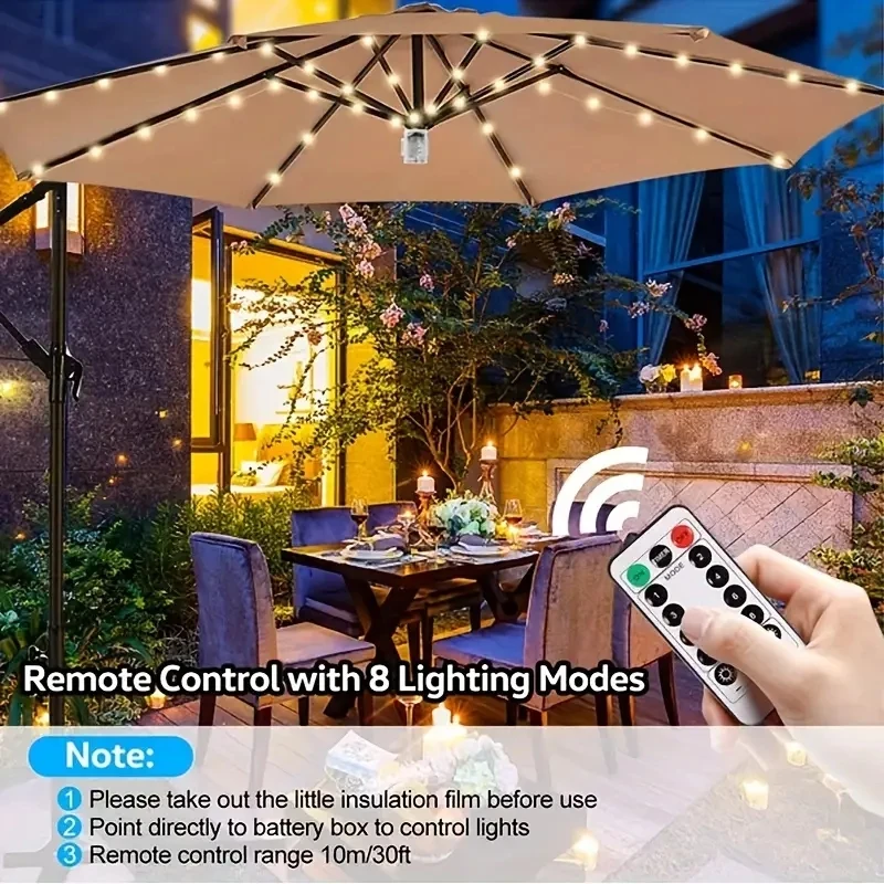 Guarda-chuva LED impermeável Iluminação exterior, Controlo remoto, A pilhas, Pátio, Pátio, Decoração do jardim, 104 LED, 8 Modo