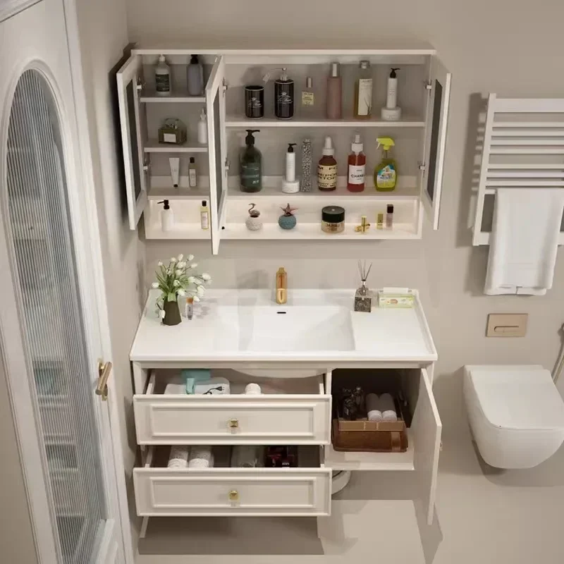 

French Bathroom Cabinet Vanity Slate Plate Seamless Sink Ceramic Basin Modern Basin Toilet Wash Wood Combination Furniture