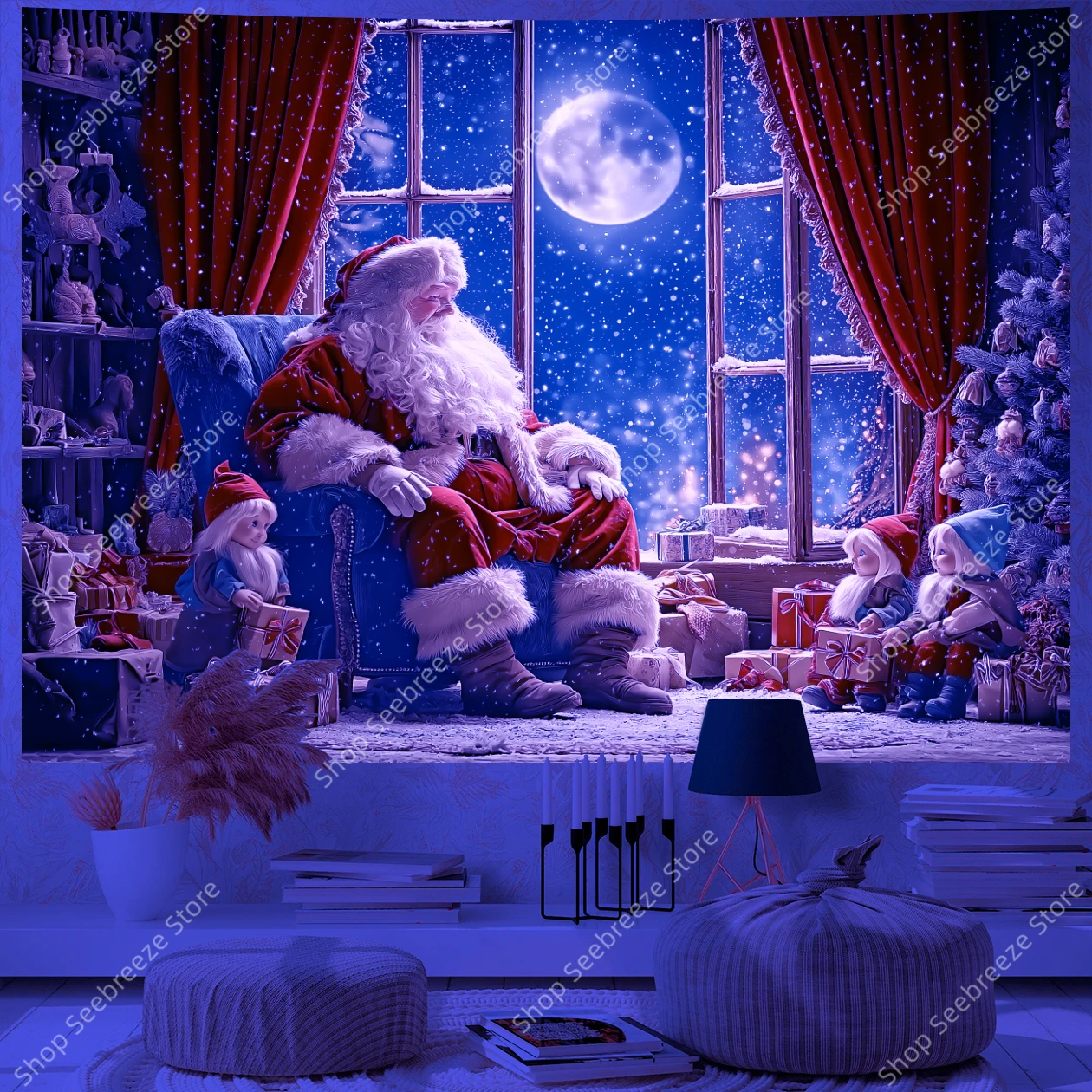 سانتا كلوز يجلس نافذة ثلجية مع شجرة عيد الميلاد والهدايا نسيج الأشعة فوق البنفسجية لغرفة المعيشة وغرفة النوم والعطلات وديكور الحائط والمكتب #4