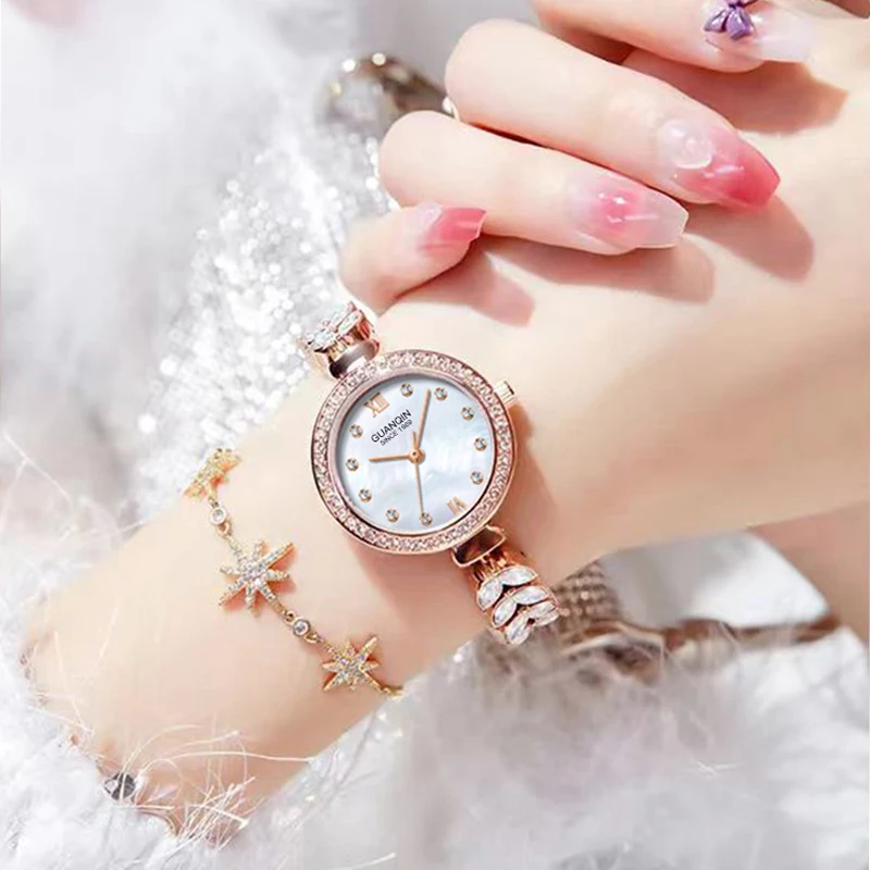 GUANQIN Luxury Women's Quartz Watch Mother-of-Pearl Dial Fish-Tail Chain Strap Leisure 30M Waterproof Watch for Lady for Gifts