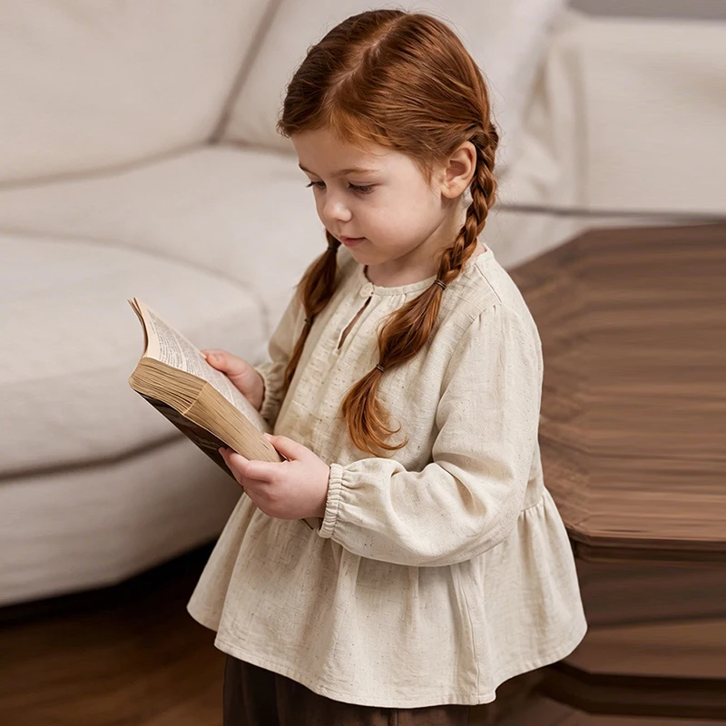 Girls' Lyocell Linen Ruffled Blouse 2026 Fall New Retro Rustic Style Round-Neck Long-Sleeve Tops for Girls