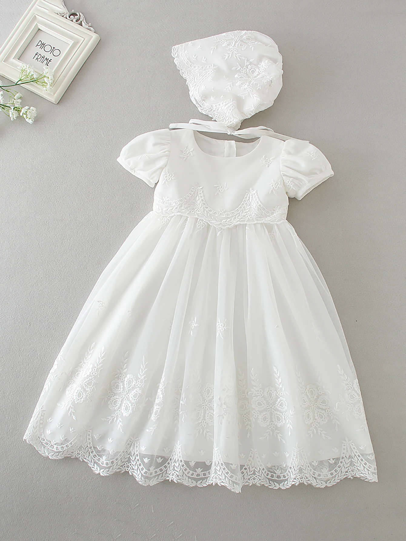 Baby Girls Christening Baptism Dress Flower Embroidered Gown Outfit for Birthday Party Special Occasion