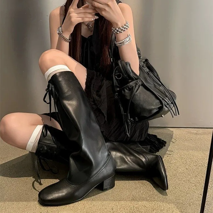 Botas hasta la rodilla con diseño arrugado, punta redonda, tacón grueso, estilo vintage con cordones, botas de caña alta que estilizan la figura para mujer.