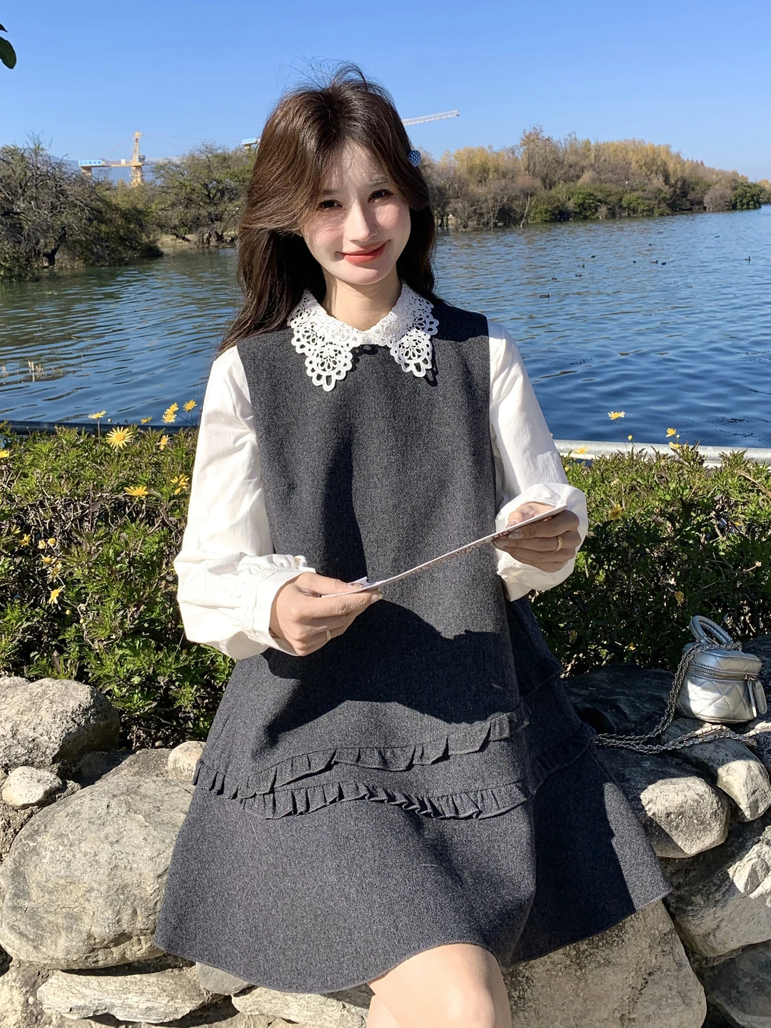 

Women's Woolen Vest Dress Hollow out Collar Shirt Set Spring Autumn Sweet Style Two Piece Suit Long Sleeve round Neck Shirt