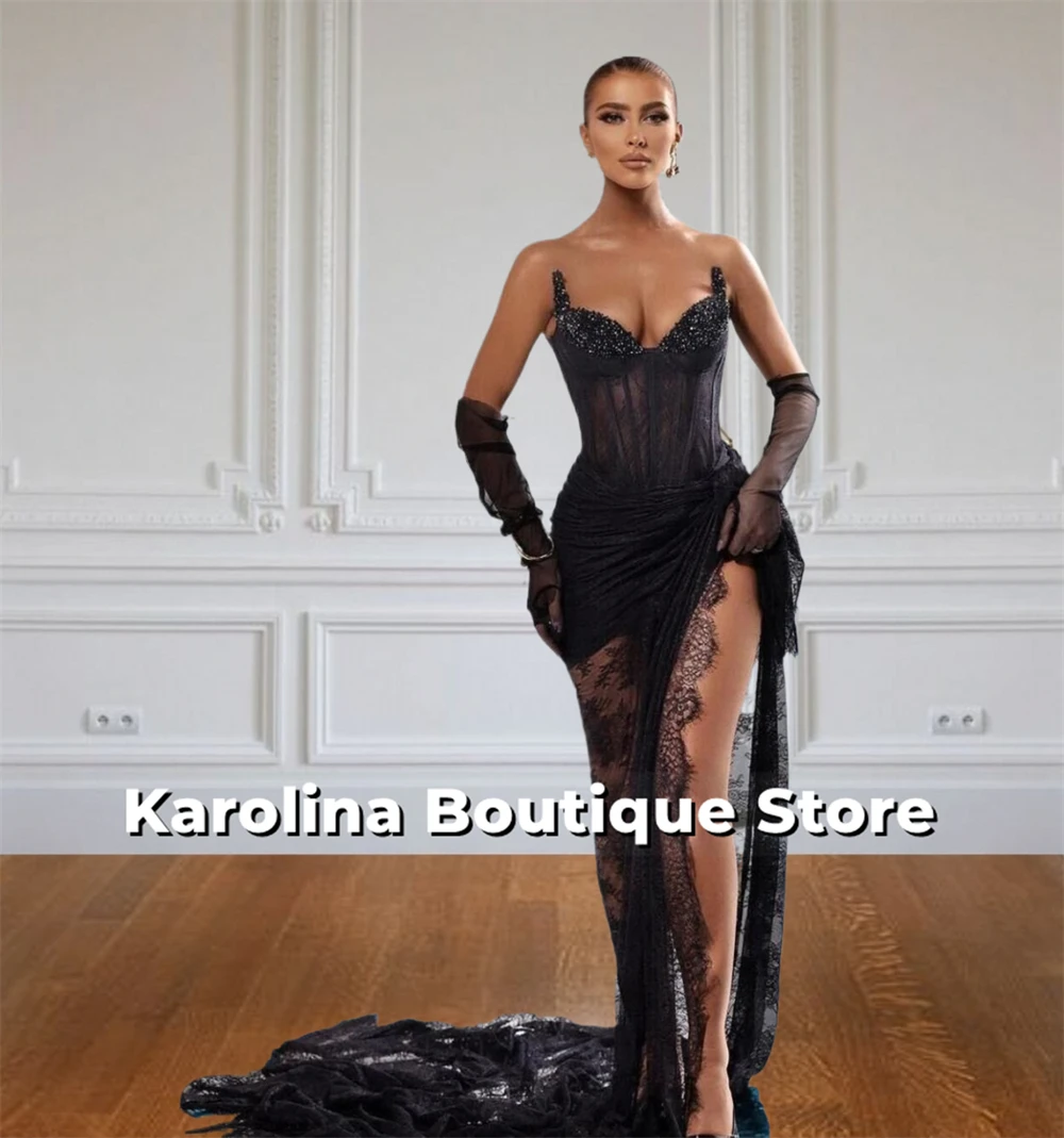 

Engaging Black Lace Mermaid Split Prom Dresses Beads Formal Gown With Gloves Luxury Evening Dress 2025 Sweetheart Cocktail Party