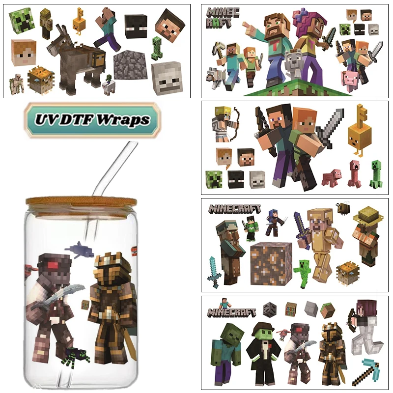 Adesivos UV DTF Retrô Pixel Block, Adesivos de Jogo de Aventura em Cubo, Decalques Impermeáveis de Alta Qualidade para Vidro, Decalques DIY Transferíveis