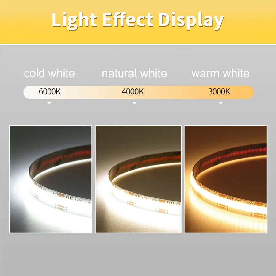 선형 조도 조절 가능 COB LED 스트립 조명, 유연한 LED 테이프 리본, 실내 장식용, 8mm 320LED/M, 3000K 4000K 6000K 1M 5M 10M, 24V 12V