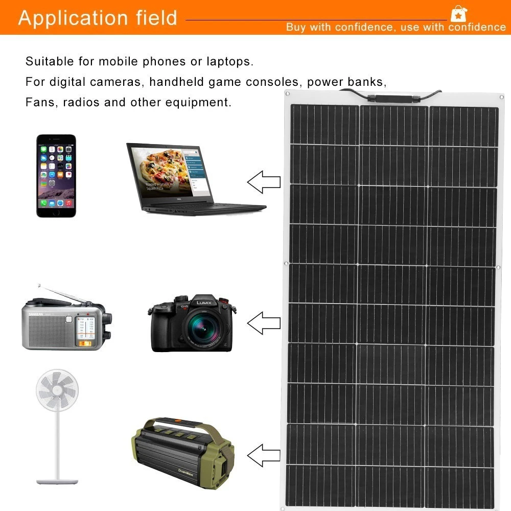 Flexible Solar Panel Monocrystalline 150W 120W 100W 50W Lightweight with PV Adapter for 12V Battery Charging RV Marine Boat