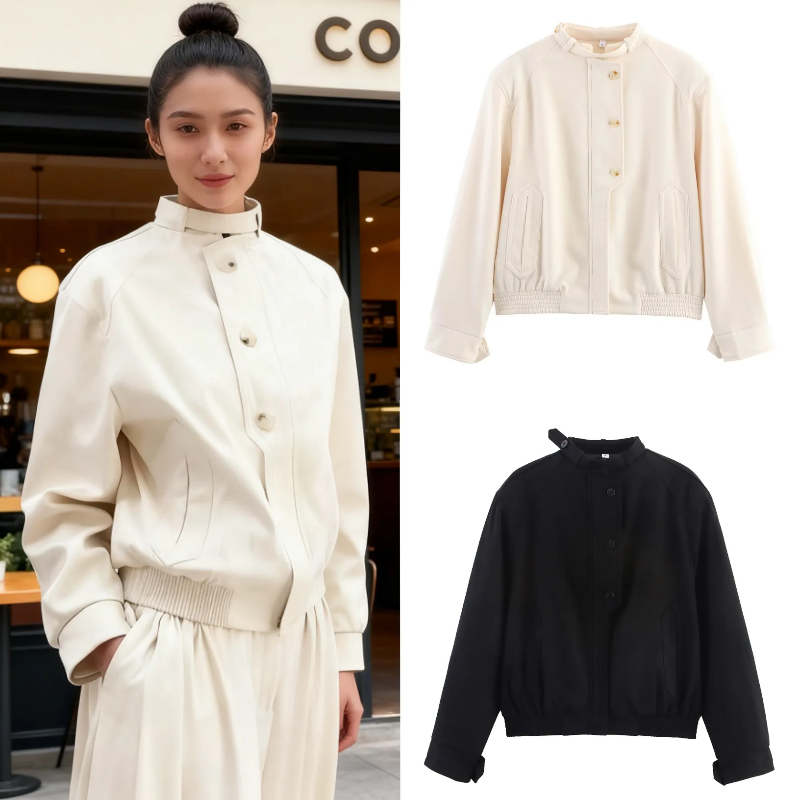 

Осеннее модное свободное женское пальто с двухцветными пуговицами, уличная повседневная куртка на молнии с высоким воротником и карманами