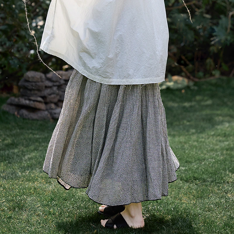 สูงเอวผ้าฝ้ายลินินกระโปรงยาวผู้หญิงใหม่มาถึง 2025 ฤดูใบไม้ร่วงสไตล์วินเทจลายสก๊อตหลวมผู้หญิงสบายๆกระโปรง M1834