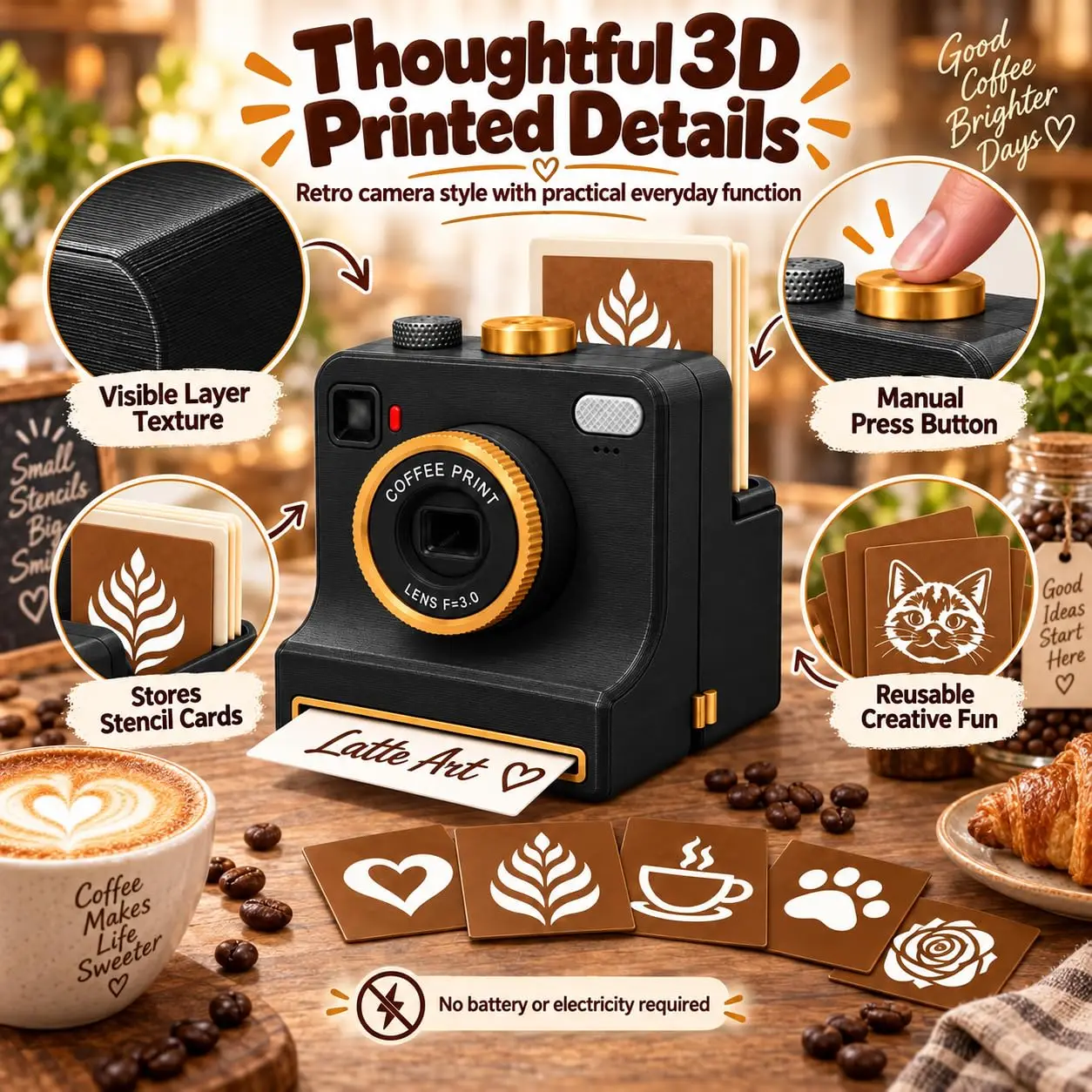 3D Printed Latte Art Camera One‑Touch Coffee Printer with 8 Stencil Cards Miniature Instant Camera DIY Coffee Stencils Latte Art