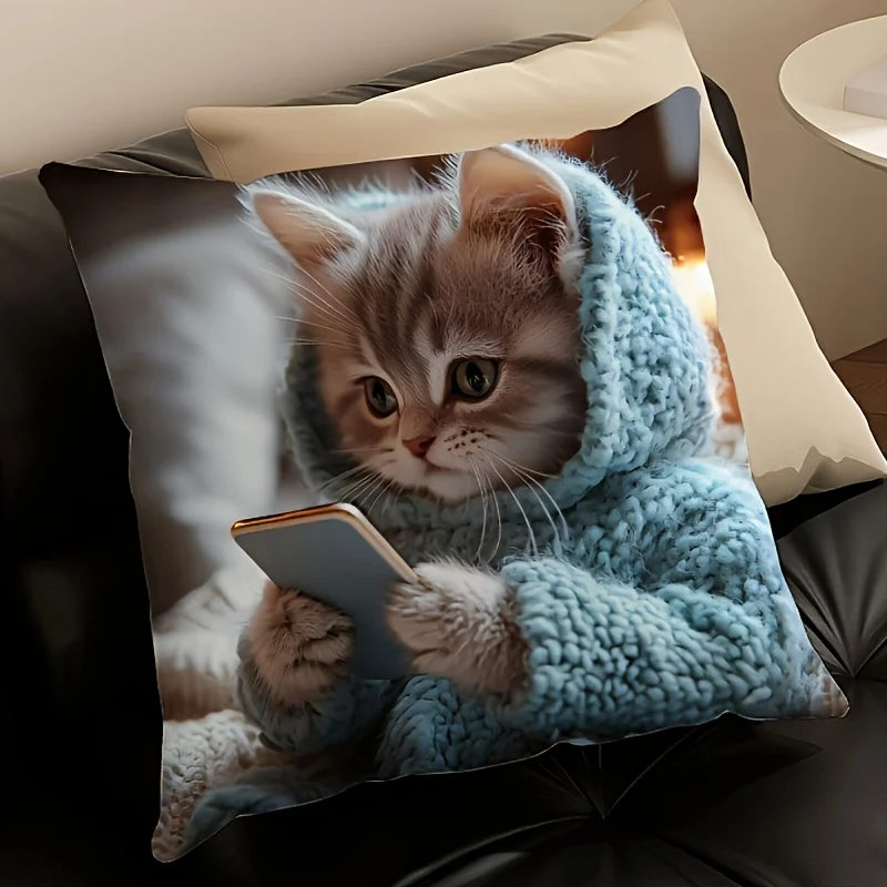 1pc Kitten in Hoodie Holding Phone Printed Throw Pillow Cover, Suitable for Sofa,Bedroom,Living Room, a Fun Gift for Cat Lovers.