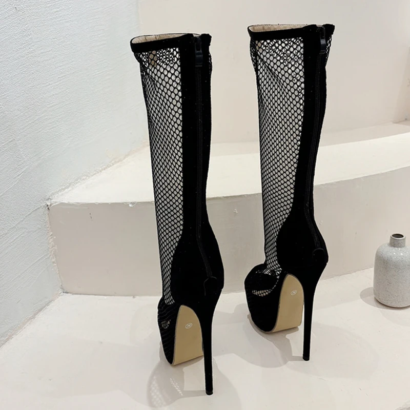 Liyke Sexy Peep Toe Gold Heels Stripper Pole Dance Platform Boots For Women Zip Fashion Mesh Knee High Shoes Female Botas Mujer