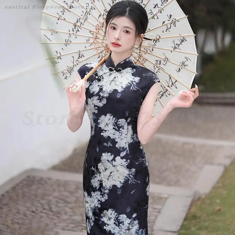 

Sleeveless Retro Qipao Temperament Long Vestidos Fashion Printed Flower Cheongsam Chinese Traditional Dress Plus Size 3XL Qipaos