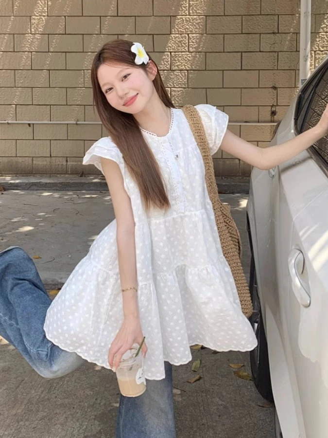 Ele Loose Women's Dr with Fly Sve Floral Embroidery A-Line ort Skirt Faionable Autumn New Sle Sweet Temperament