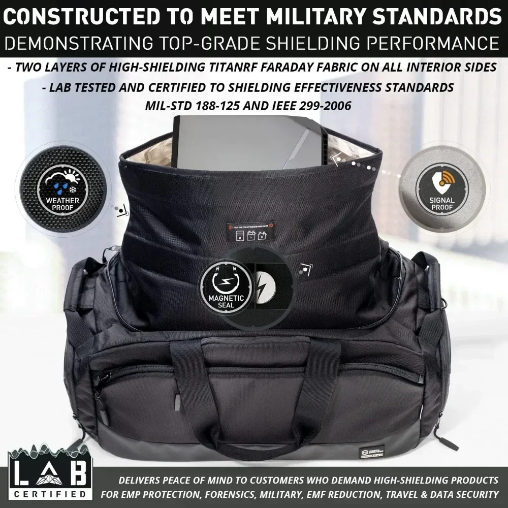 Darkness Disconnect Faraday Duffel Bag + 4 Detachable Faraday Pockets // Military-Grade RF Shielding for Large Electronics