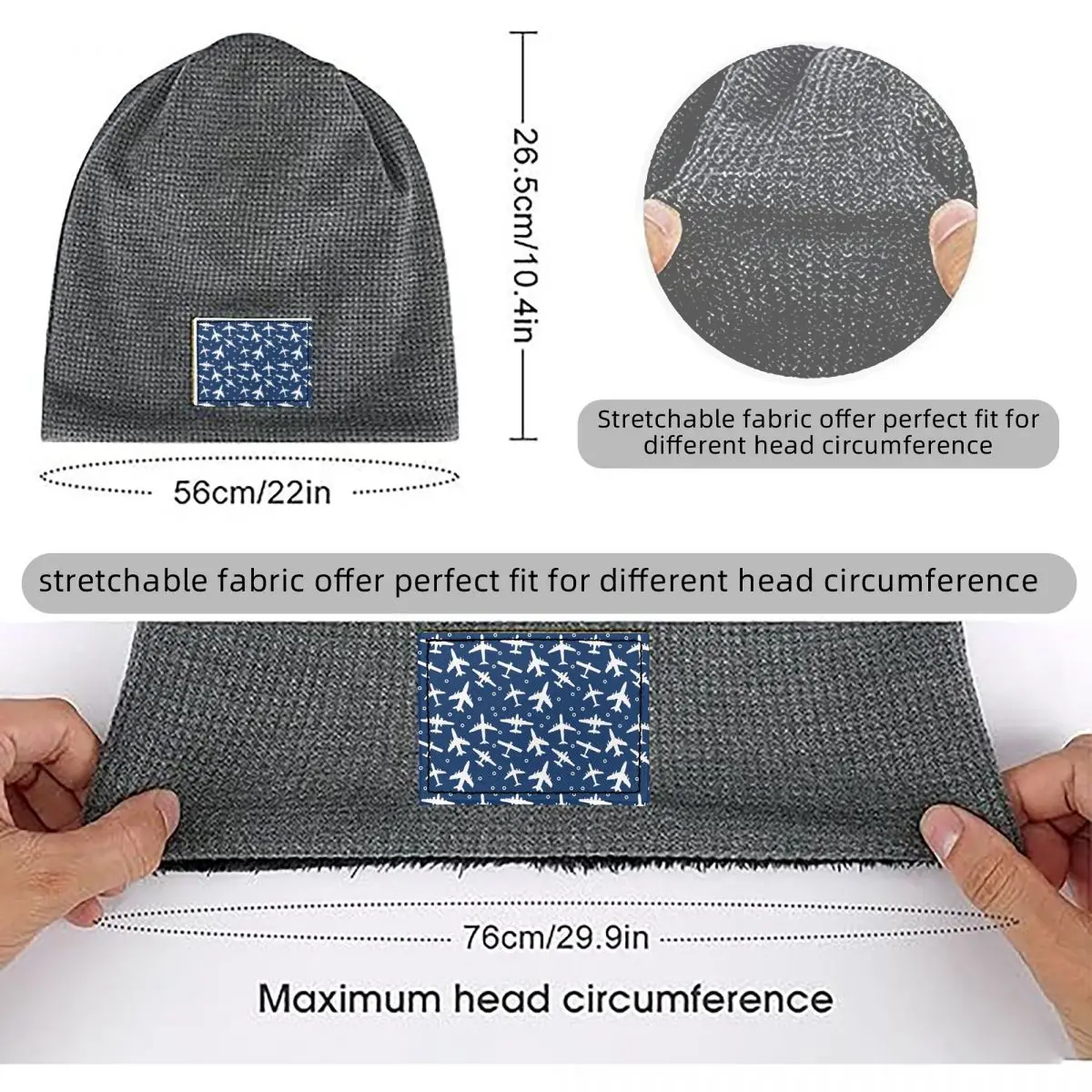 Blue And White Aeroplanes Silhouette Pattern Waffle Knit Fleece Lined Beanie with PU Leather Patch Unisex Warm Winter Soft Cap