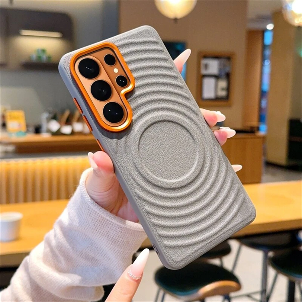 Luxury Leather Pattern Wave Magnetic Phone Case For Samsung S26Ultra S24 S25 Ultra S24 For Magsafe Wireless Charging Back Cover