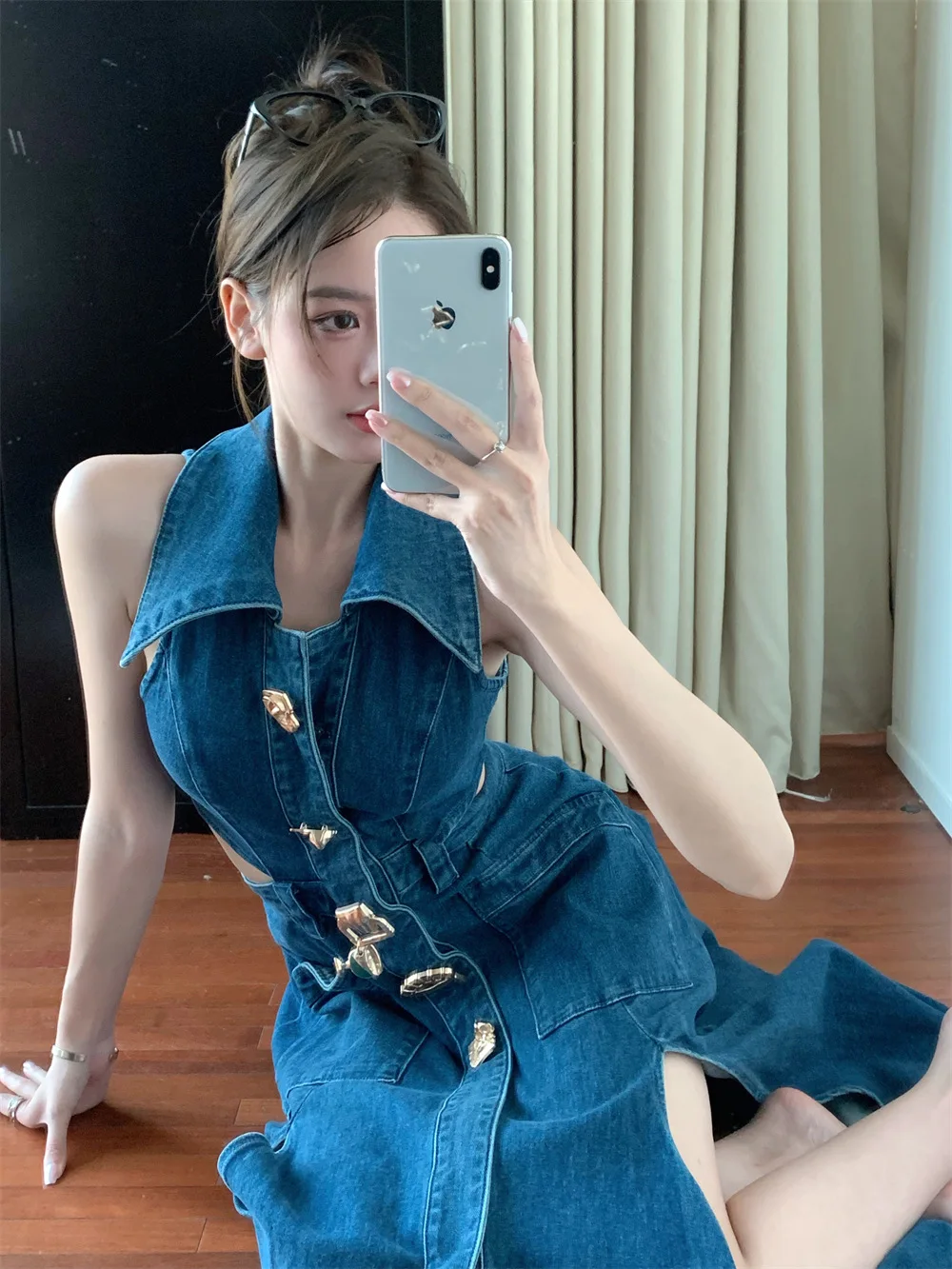 Turn-down Colla Hollow Out Denim Dress Sleeveless Women's Side Split Sexy Style Long Dress Summer New Blue A-line Denim Vestidos