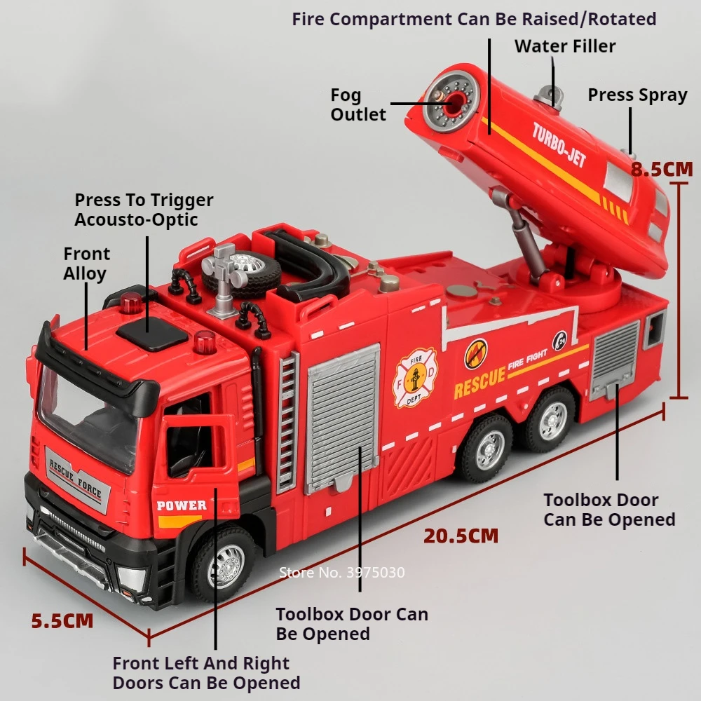 1/32 Spray Fire Engineering Truck Car Toy Model Alloy Diecast Doors Opened Sound Light Rubber Tires Vehicle Collection Kid Gift