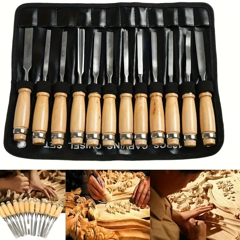 12PCS Wood Carving Chisel Set with Black Case Sharp Carbon Steel Woodworking Tools for Beginners & Professionals