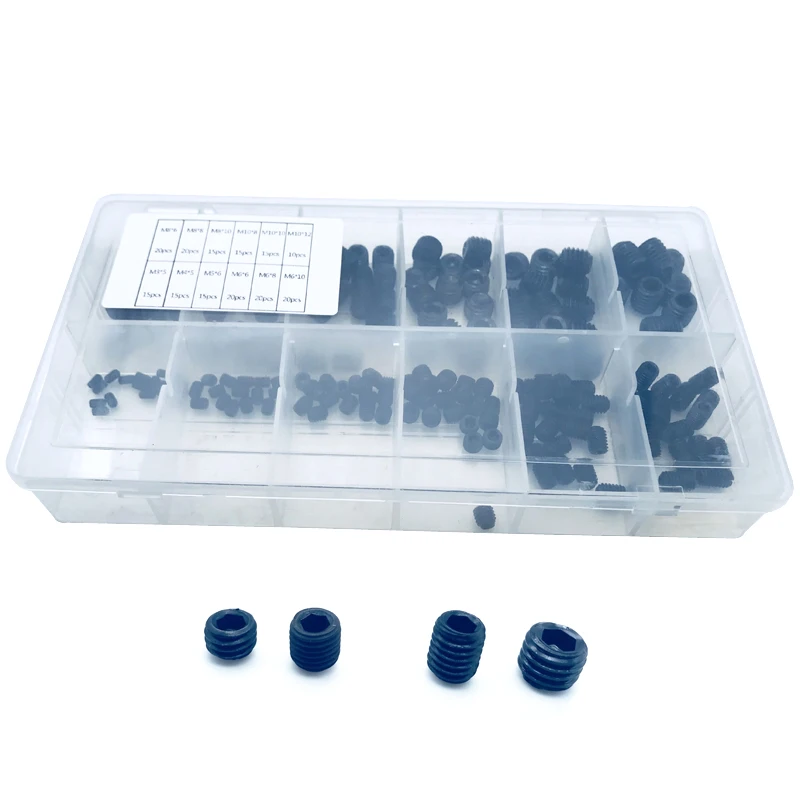 200pcs Flat Point Set Allen Head Socket Hex Set Grub Screw Assortment Cup Point Black Carbon Steel M3/M4/M5/M6/M8/M10