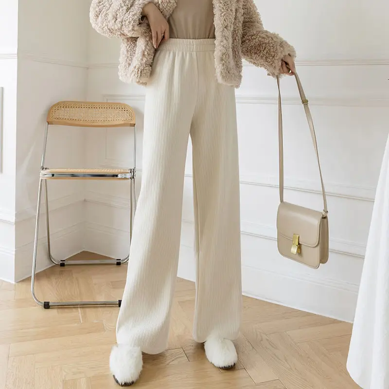 High-waisted Straight Pants 2024 Autumn/Winter New Women's Pants Loose Drape Wide-leg Fleece Lined Black Simple Pants