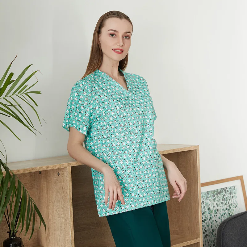 

Cotton Breathable Cartoon Print Hand Washing V-Neck Brushing Ladies Nurse Clothes Short Sleeve Operating Room Men