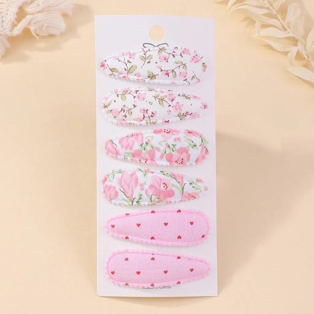 

6pcs/set Cute Ins Flower Print Cotton Alloy Hair Bow Snap Clips Set Fabric Plaid Hairpins Hairgrips Girls Headwear Accessories