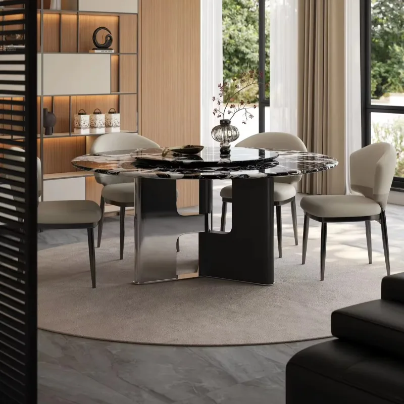 Modern Luxury Round Black And White Marble Dining Table With Lazy Susan Turntable For 6-8 Person, Elegant Home Furniture