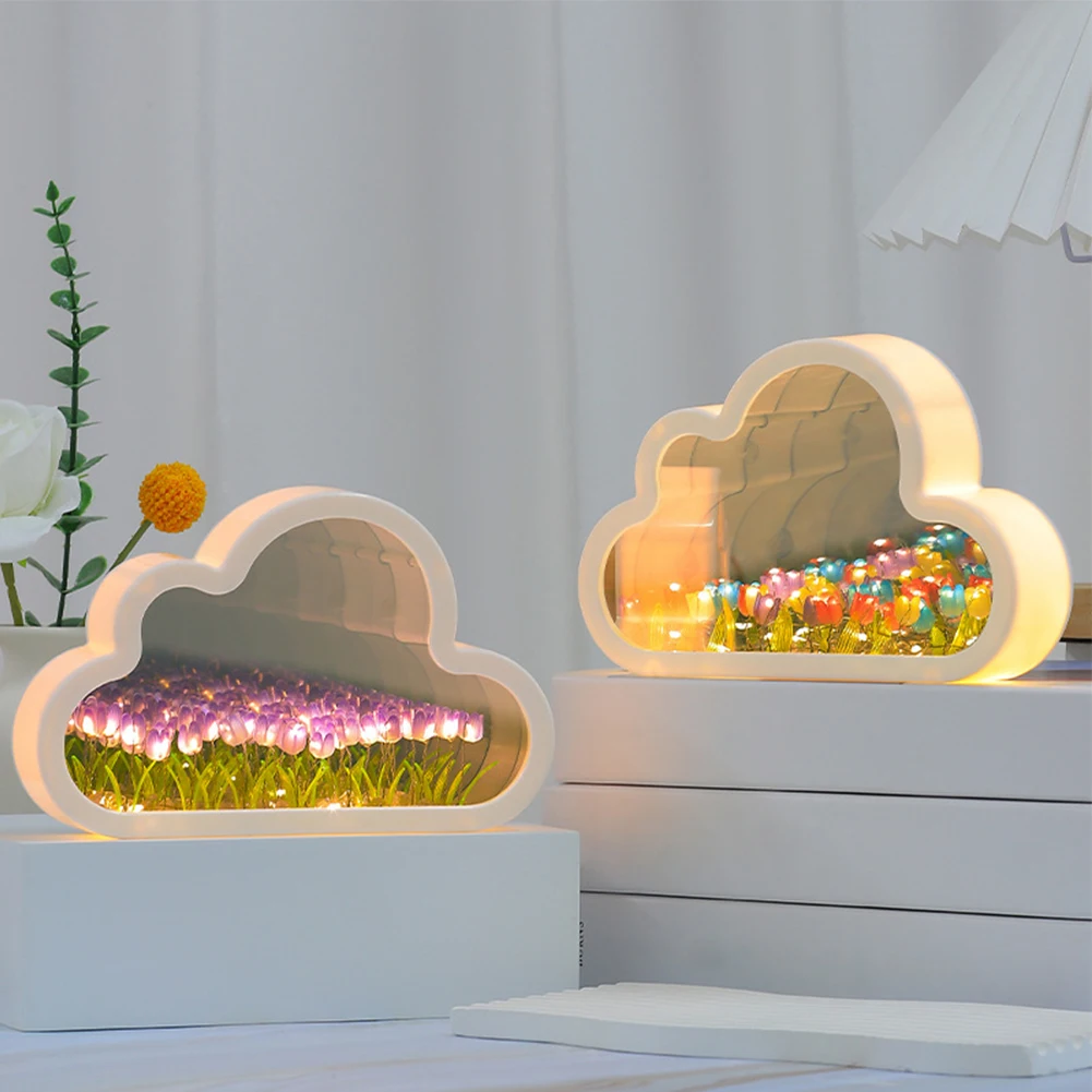 Luz nocturna de tulipán DIY, espejo en forma de nube, flor de simulación, lámpara de mesa para dormir, decoración del hogar, dormitorio, regalos de cumpleaños, envío directo